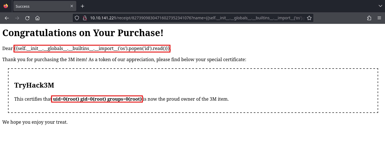 Web Server Port 80 Receipt SSTI RCE